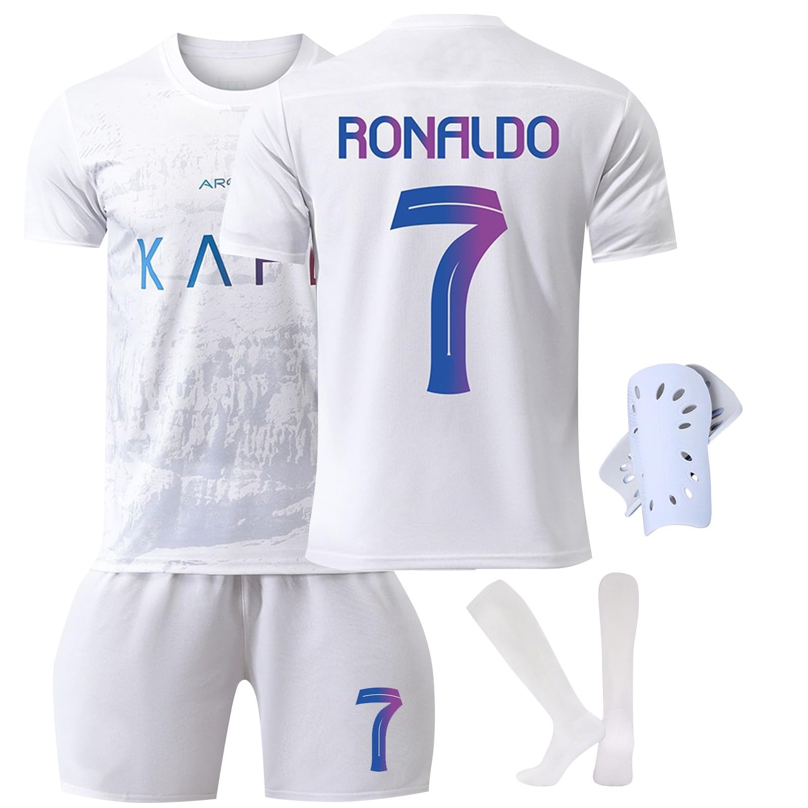 Generic 2024 Al Nassr Camisetas De Futbol Niño y Adulto,Nr.7 Chandal Futbol Niño Conjunto de 4 Piezas,Conjunto de fútbol de jersey para niños con camiseta, Pantalón,medias y rodilleras