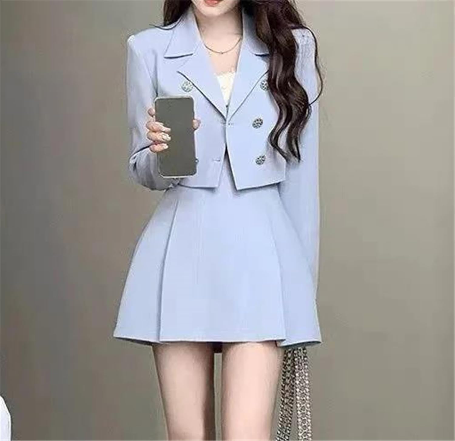 Women’S Long Sleeve Short Lapel Collar Suit Coat A Line Pleated Skirt Fall Outfit Elegant Business Suits for Women