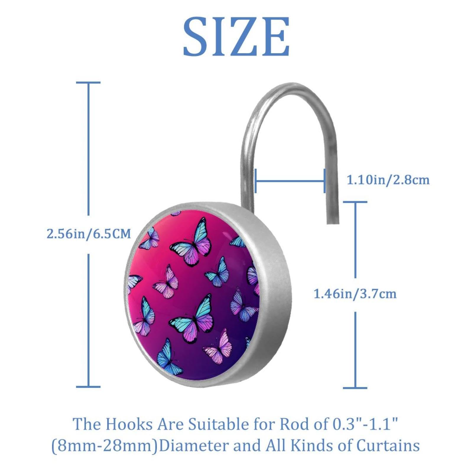 12pcs Glass Shower Curtain Hooks, Rust Resistant Decorative Shower Rings for Bathroom Living Room,Stainless Steel Hooks for Shower Curtain and Liner Rods (Neon Purple Butterflies)