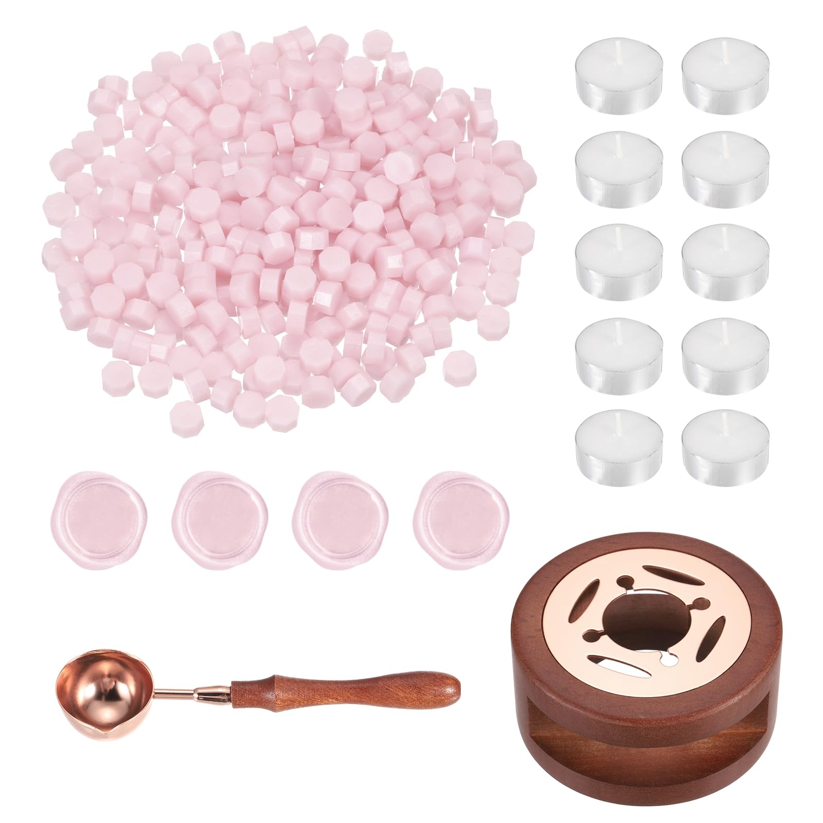 PATIKIL Wax Seal Kit, 300 Pcs Wax Sealing Beads, Wooden Warmer, Melted Spoon, 10 Pcs Tealight Candles for Envelope Letter Mailing Crafts DIY, Clear Pink