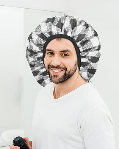 Miniatura 9 de Auban Gorro de ducha, gorro de ducha para mujer, forro de tela de rizo, EVA, exterior, reutilizable, doble capa, impermeable, gorra de baño grande,