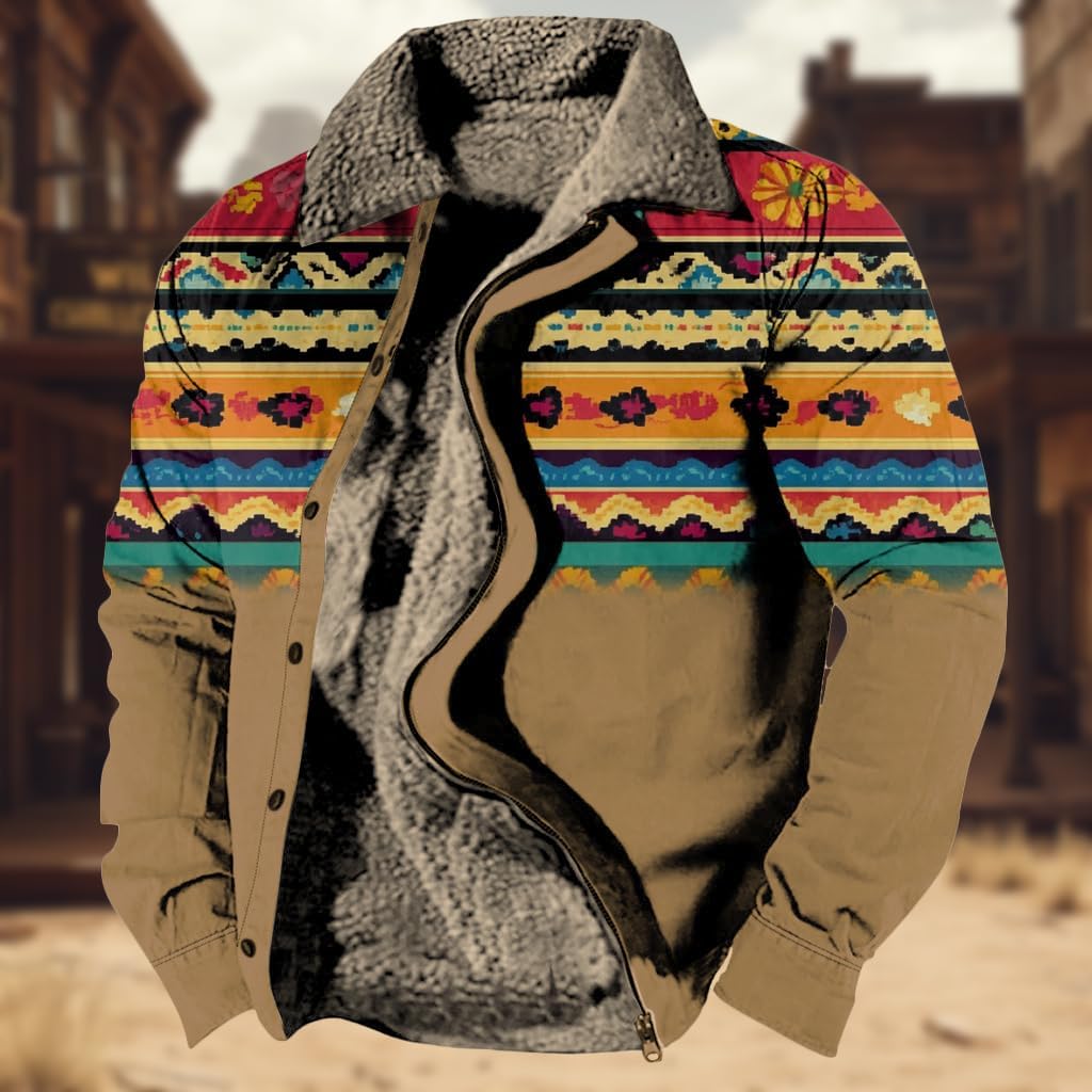 LOAIHA Mens Jacket Winter Mens Aztec Jacket Western Coats for Men Zipper Warm Fleece Lined Cowboy Coat Ethnic Vintage Jacket - Image 2