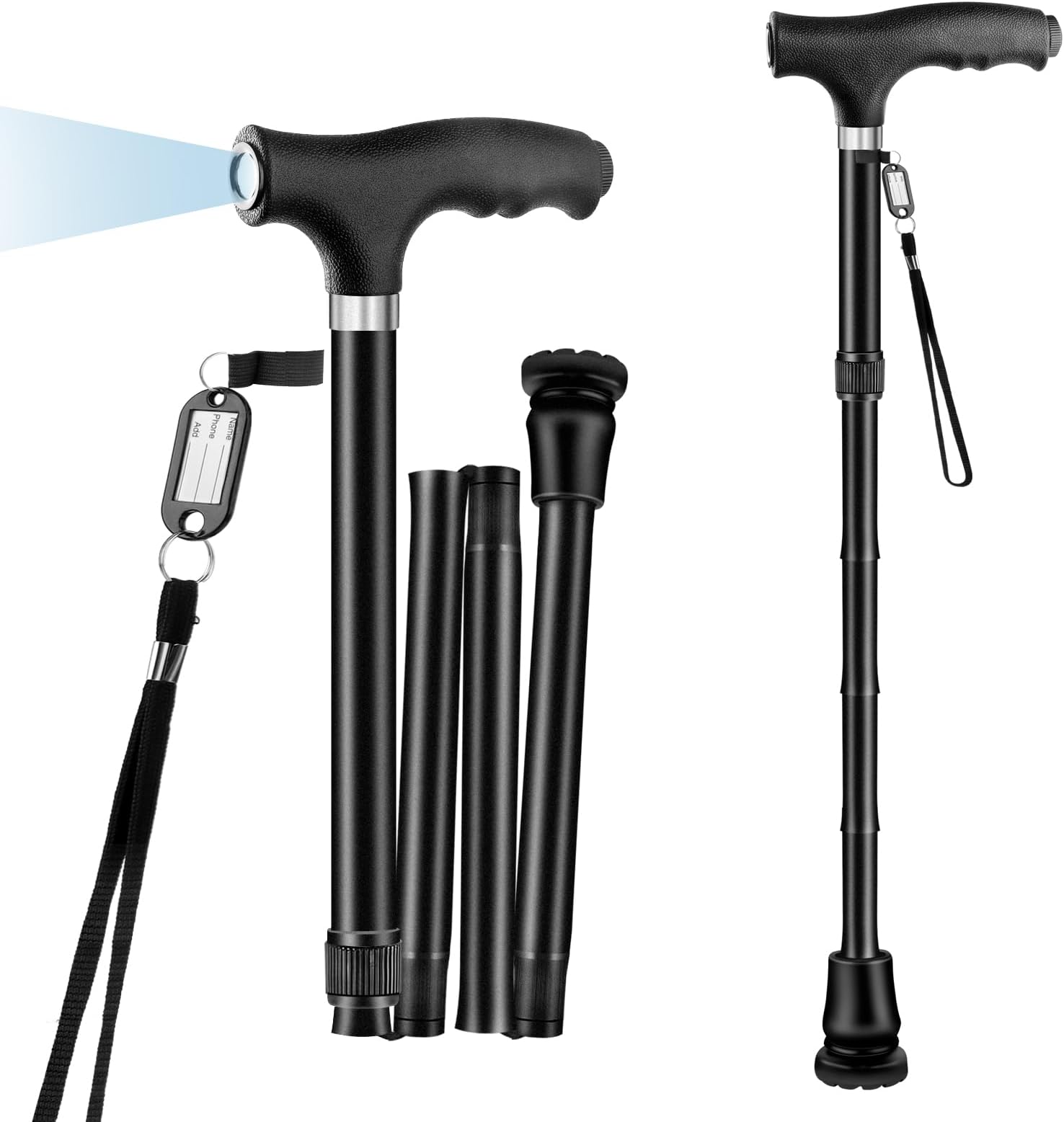 Folding Walking Stick with Light, Foldable Walking Sticks for Men & Women Seniors Walking Aids Collapsible Walking Cane with Non-Slip Base Adjustable Height 77cm-90cm, Black