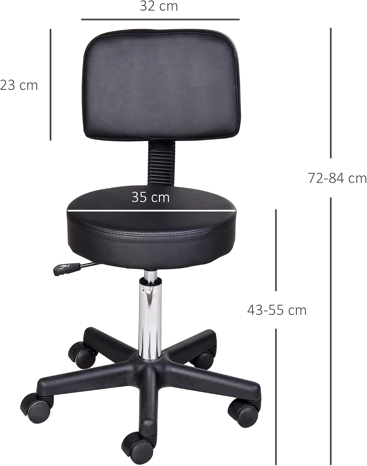 HOMCOM Swivel Medical Salon Stool with Back Support, Rolling Office Drafting Chair with Adjustable Height, PU Leather Surface and Wheels, Black