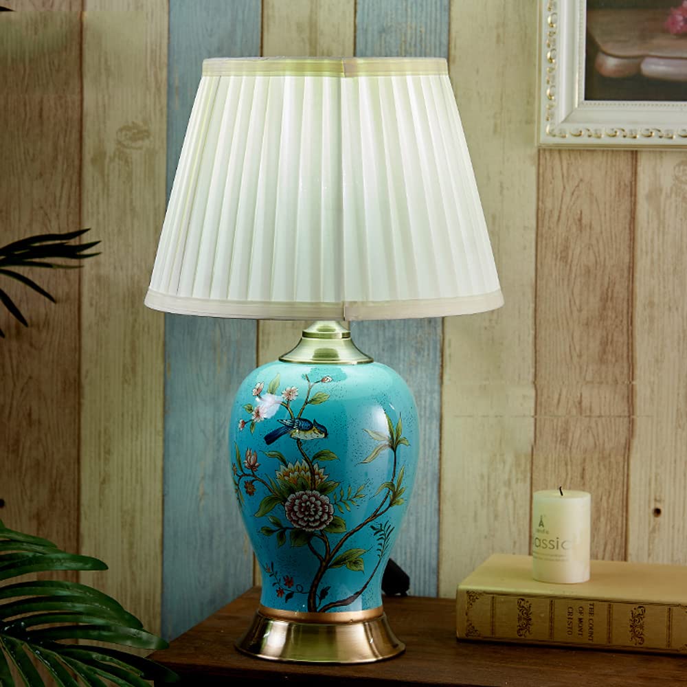 Przejściowa lampa stołowa z białym ręcznie wykonanym kloszem 19,7" niebieska ceramiczna lampa w słoiku na imbir do jadalni, lampka nocna na stolik nocny(A-50X30CM)