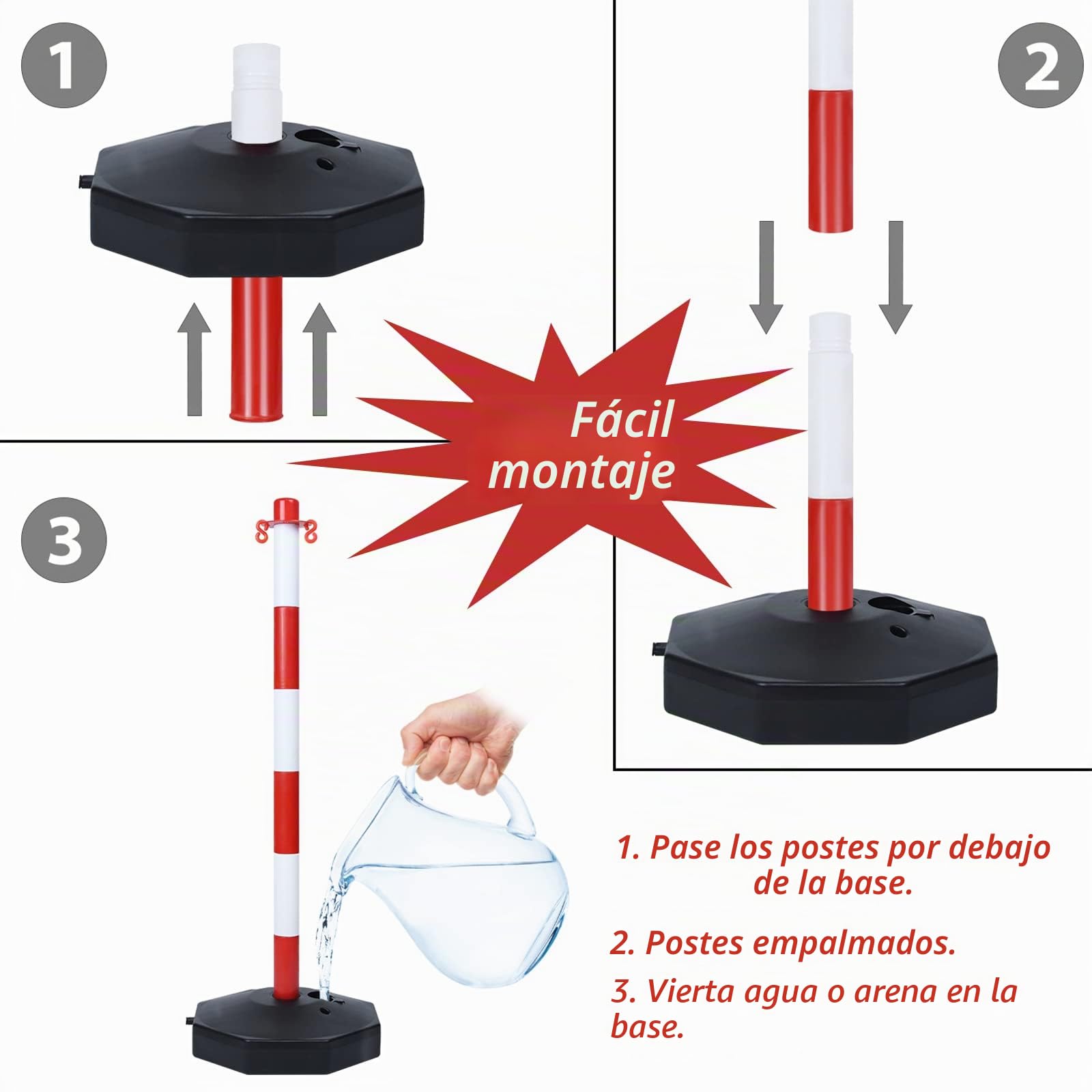 LZQ Juego de 4 postes de cierre con 4 cadenas de plástico para control de tráfico y advertencia, color rojo y blanco, 82 x 28 x 28 cm
