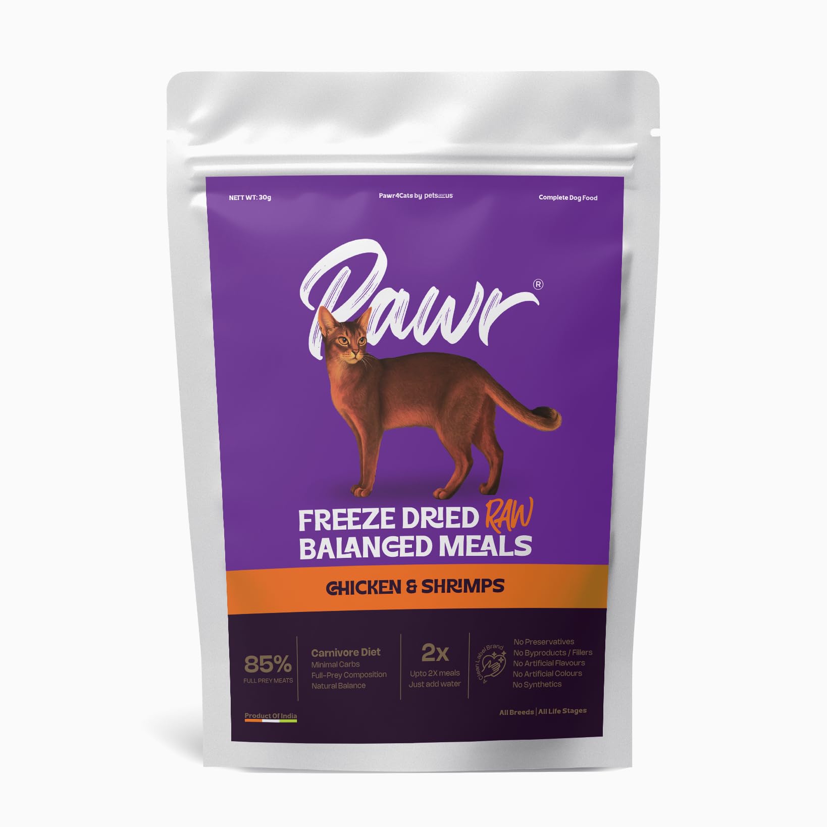 Pawr4Cats | Freeze-Dried Balanced Meals | Chicken & Shrimps | Bio-Appropriate and Raw Nutrition | High Protein - Low Carb Recipe | Makes 2X Meals by Adding Water | 30gms X 6 Packs