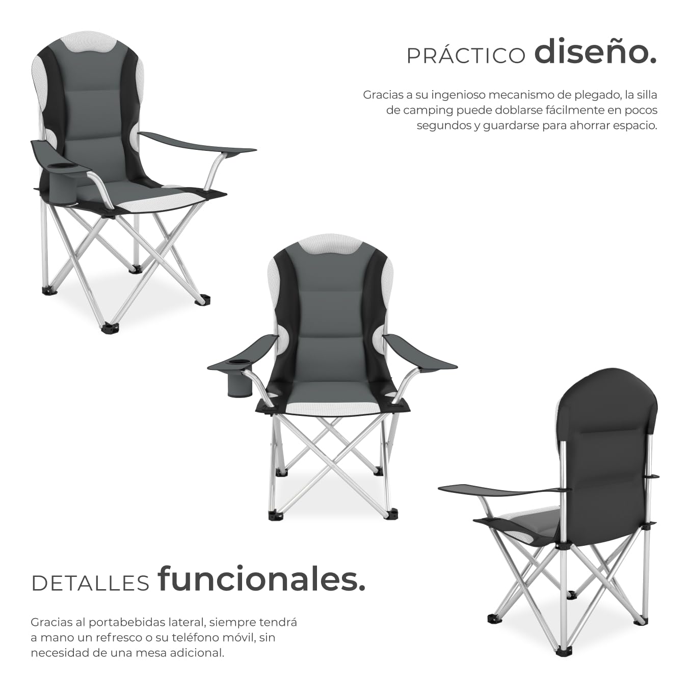 tectake® Silla de Camping Plegable, Confort Acolchado, Soporte para Bebidas, Bolsa de Transporte, Silla Playa, Sillas Plegables, Sillas Exterior Terraza, Silla Relax - 2X Gris