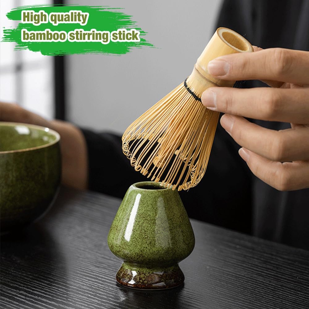 Matcha Kit 7 Piezas, Ciotola Matcha con Beccuccio, Frusta al Matcha, Supporto per Frusta, Cucchiaino, Asciugamano per Tè, Filtro, Matcha Set Perfetto per Macha (Verde Screziato)