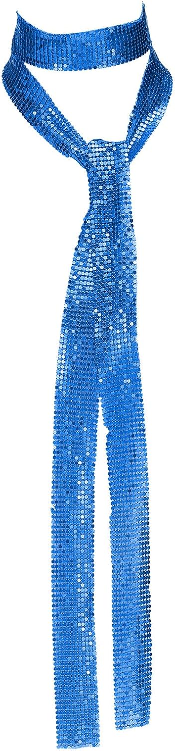 MECCANIXITY Sequins Scarf, Punk Metal Neck Tie Shiny Long Skinny Scarves Wide Sequin Necklace for Women