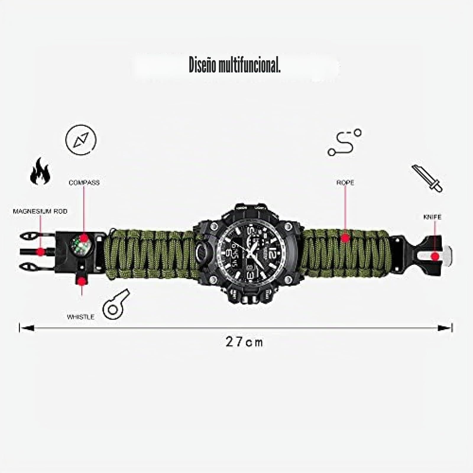 Reloj analógico Militar, Silbato al Aire Libre, brújula Luminosa Impermeable para Hombres, Reloj de Escalada con cordón de Paraguas multifunción, cronómetro por Hora con Pantalla Dual