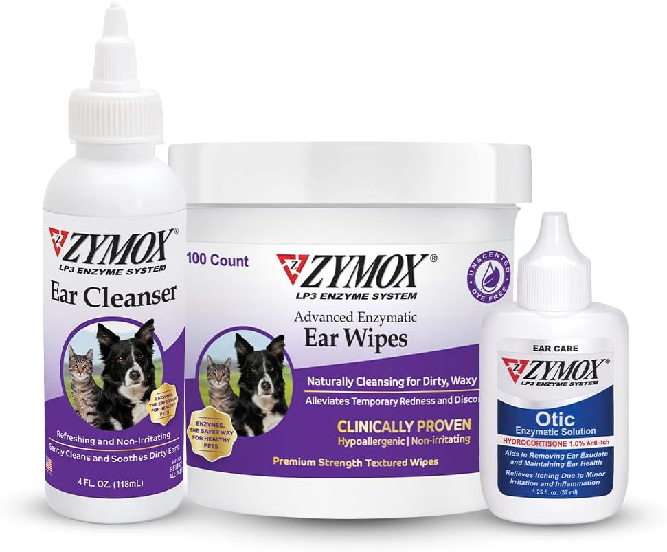 Zymox Enzymatic Ear Wipes, Ear Cleanser, & Otic Ear Solution for Dogs and Cats - Product Bundle - for Dirty, Waxy, Smelly Ears and to Soothe Ear Infections, 100 ct, 4 oz and 1.25 oz