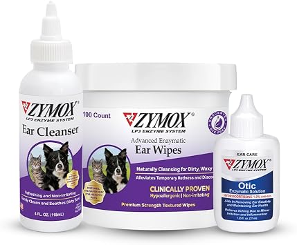 Zymox Enzymatic Ear Wipes, Ear Cleanser, Otic Ear Solution for Dogs and Cats - Product Bundle - for Dirty, Waxy, Smelly Ears and to Soothe Ear Infections, 100 ct, 4 oz and 1.25 oz