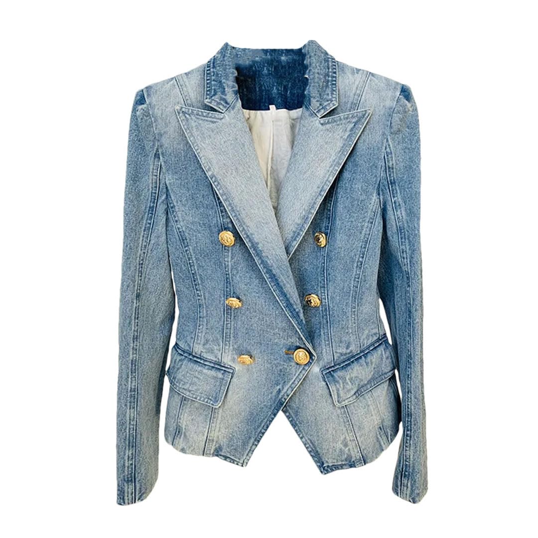 Women Washed Denim Jeans Outwear Jackets Double Breasted Slim Short Blazer