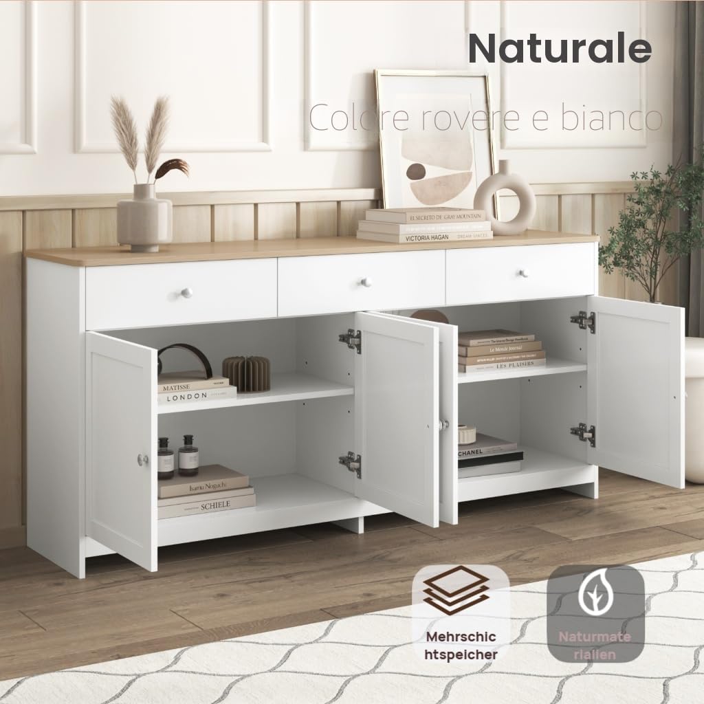 Credenza Cucina, Credenza Buffet con 4 Ante e 3 Cassetti, Ideale per Soggiorno, Ingresso, Foyer e Sala da Pranzo, Stile Country, 160x37x75cm, Colore Bianco