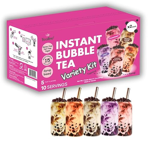 Tealise Instant Bubble Tea Kit – 10-Serving Boba Tea Party Pack, 5 Flavours with Tapioca Pearls – Instant Boba Milk Tea & Fruity Drinks, Vegan, Nut-Free, Ready in 30 Seconds – DIY Bubble Tea at Home