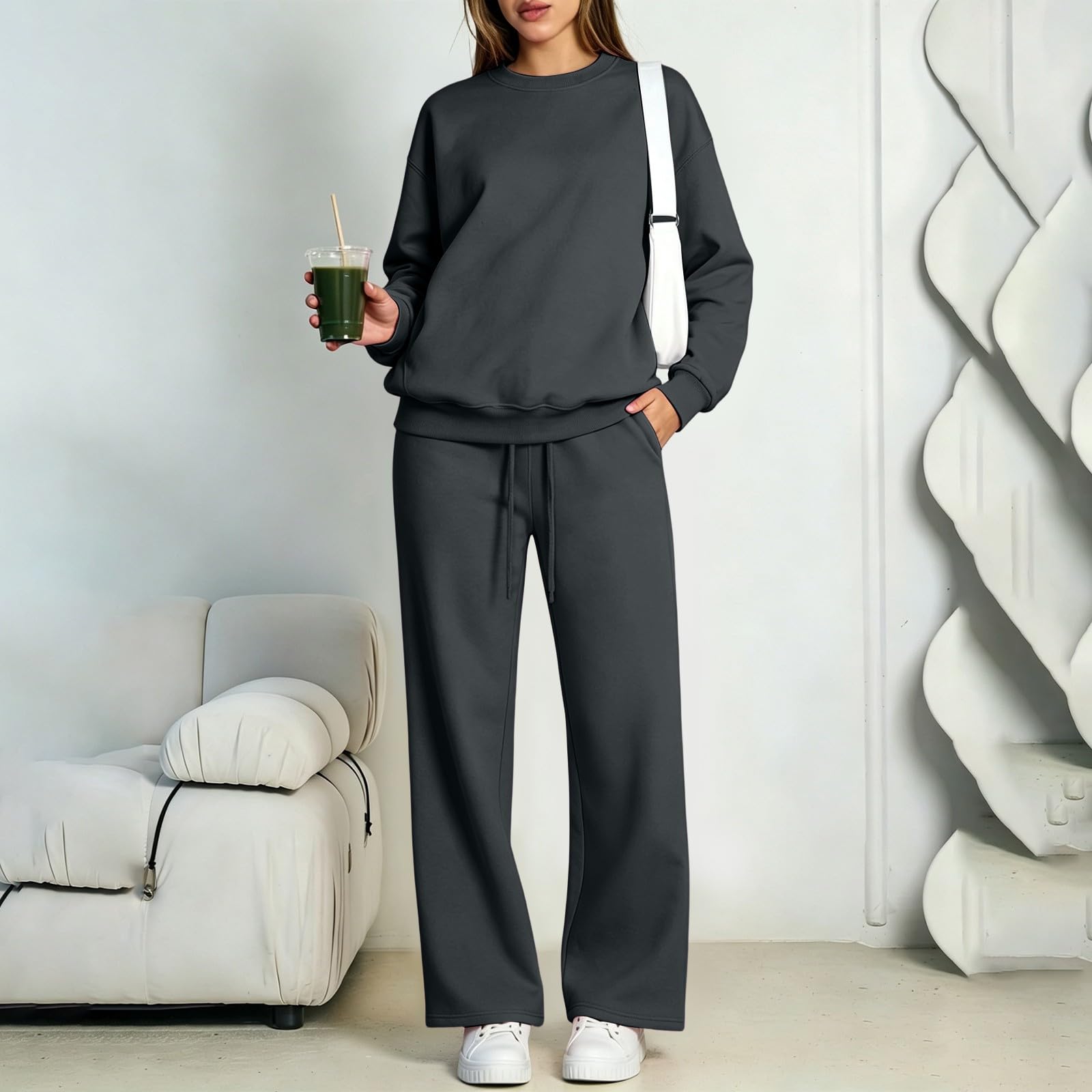 Survêtement de jogging pour femme - Survêtement de sport pour femme | Pull à col rond, couleur unie, manches longues, avec cordon de serrage, survêtement ample et décontracté