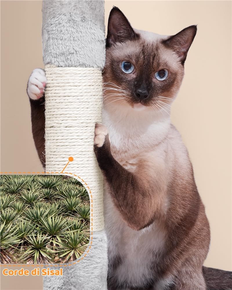 Tiragraffi per Gatti Alto 160 cm Albero per Gatti in Peluche Multilivello con 1 Grotta 2 Trespoli 1 Amaca 1 Pompon Grigio scuro