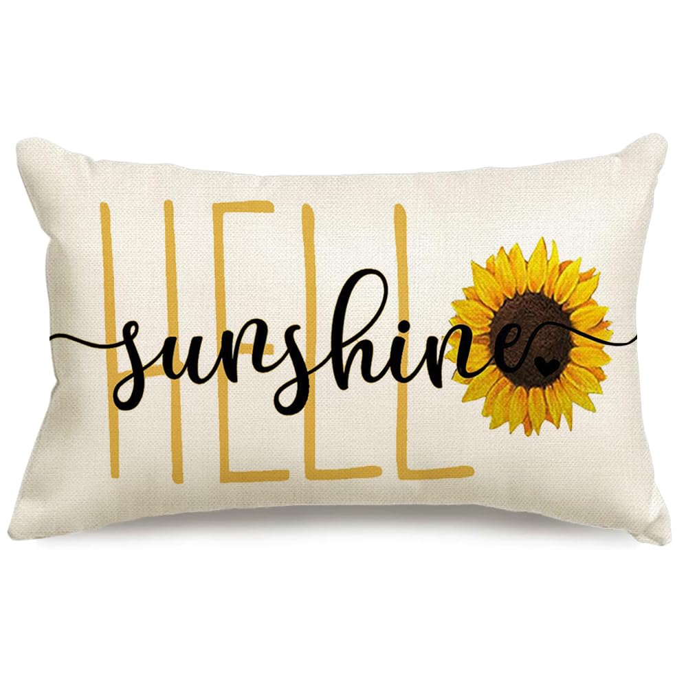 RABUSOFA Hello Sunshine Quote Sunflower Spring Summer Pillow Covers,Seasonal Outdoor Decorative Cushion Case Summer Decorations for Home Sunflower