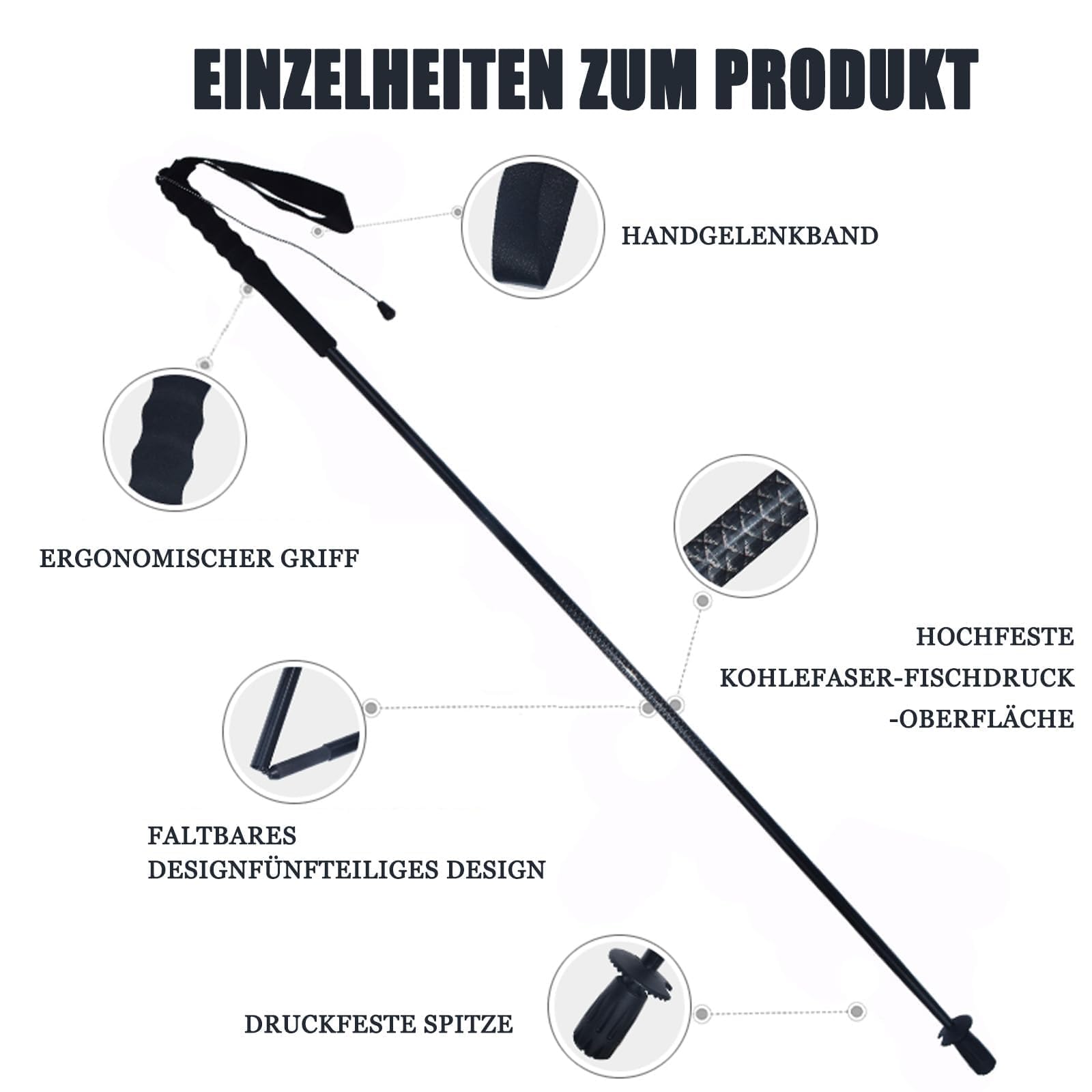 Ultralekkie kijki trekkingowe z włókna węglowego, 5-częściowe, regulowane, z końcówkami antywstrząsowymi, ergonomiczne uchwyty i torba do przechowywania, do wędrówek, spacerów i wędrówek z plecakiem