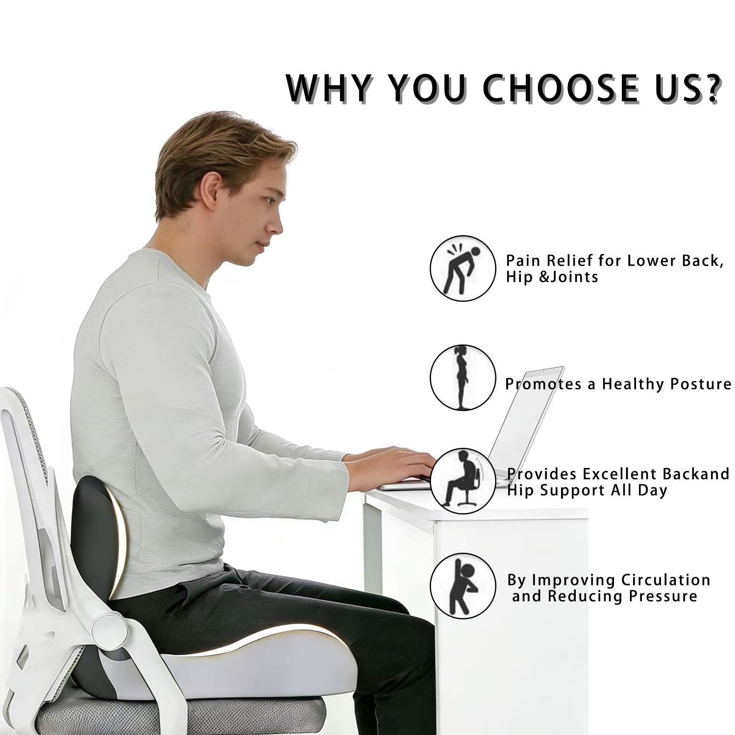 Cuscino per sedile e supporto lombare, cuscino ortopedico in memory foam per alleviare il dolore al coccige, sciatica, sollievo dalla pressione, cuscino ortopedico per sedia da ufficio, auto