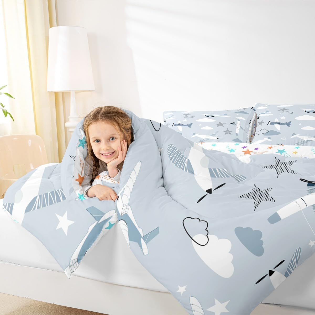 Cartoon Airplanes Kids Comforter Set Queen Size,Cute Aircraft Toddler Bedding Set for Boys Girls Adults,Starry Clouds Outer Space Adventure Down Comforter,Blue Lovely Duvet Insert,2 Pillowcases