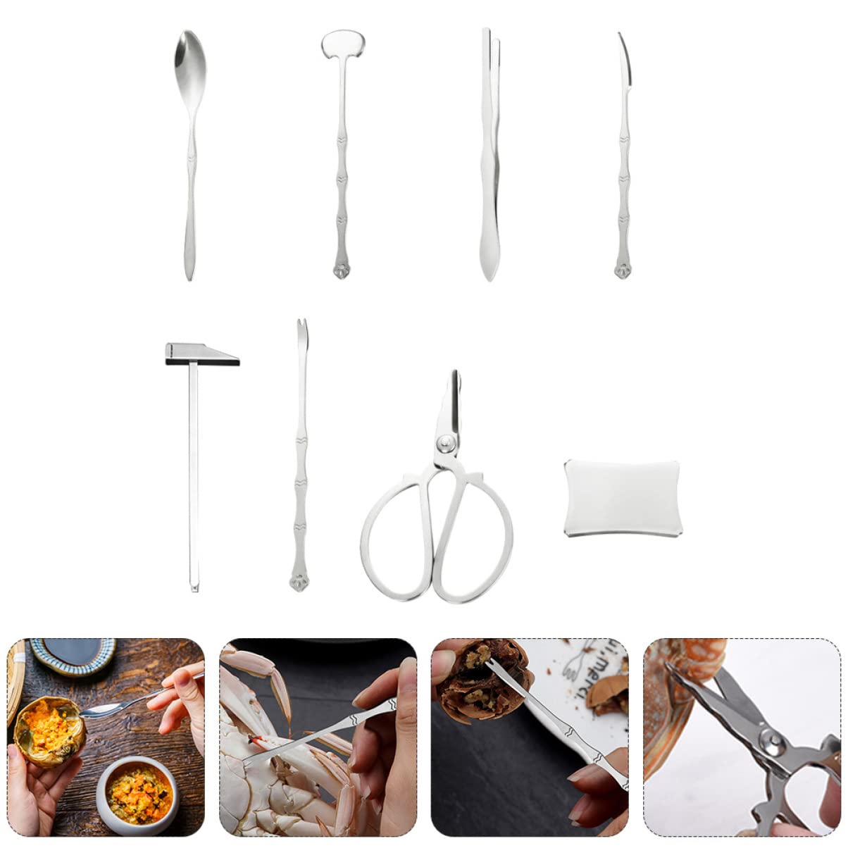 Juego de herramientas de langosta, kit de utensilios de acero inoxidable de 8 piezas con mazos, tijeras, deveiners, abrazaderas y tenedores para una fácil preparación y alimentación de mariscos