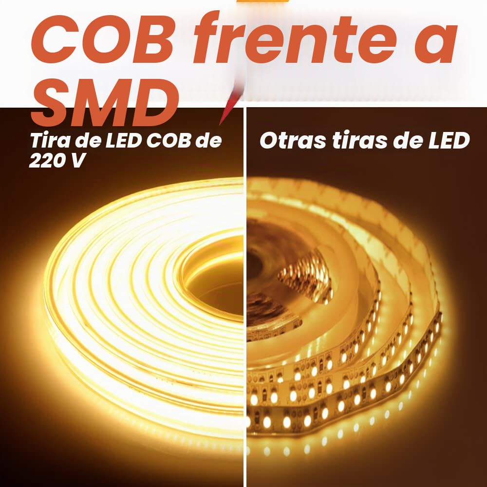 XUNATA Tira de LED COB 220V, Alto brillo 360 LED/m, IP65 Impermeable, Cada Corte de 50 cm, Luz de Cuerda Flexible (Blanco Frio, 50m)
