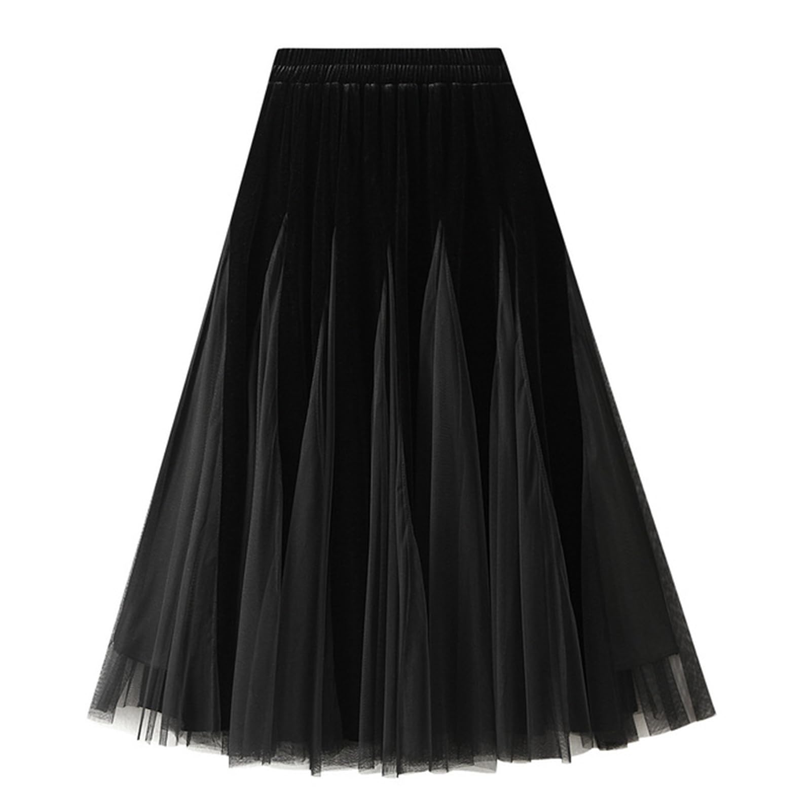 Womens Tulle Skirt High Waist Pleated Vintage Velvet Mesh Panel Skirt