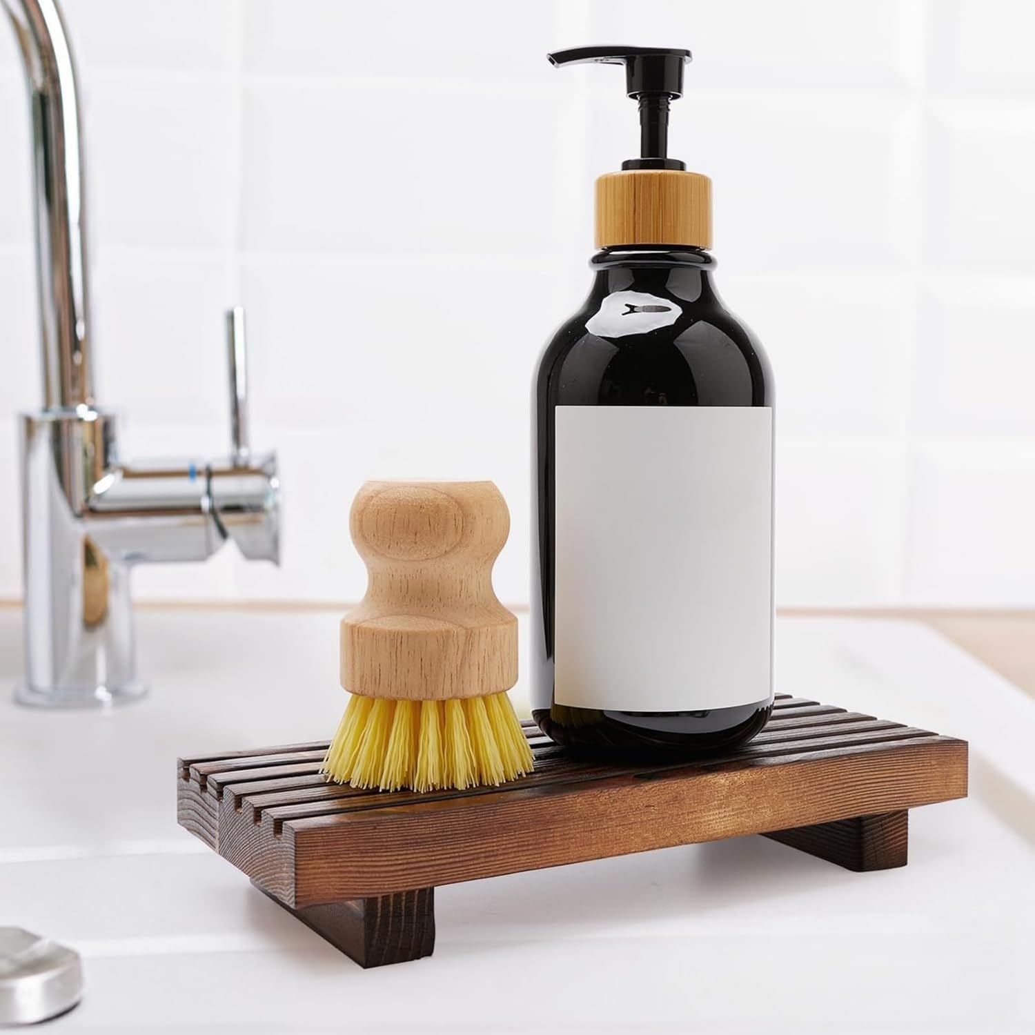 Bathroom Decorative Tray, Wooden Soap Holder Candle Stand, Solid Wood Organizer for Hand & Accessories (Black)