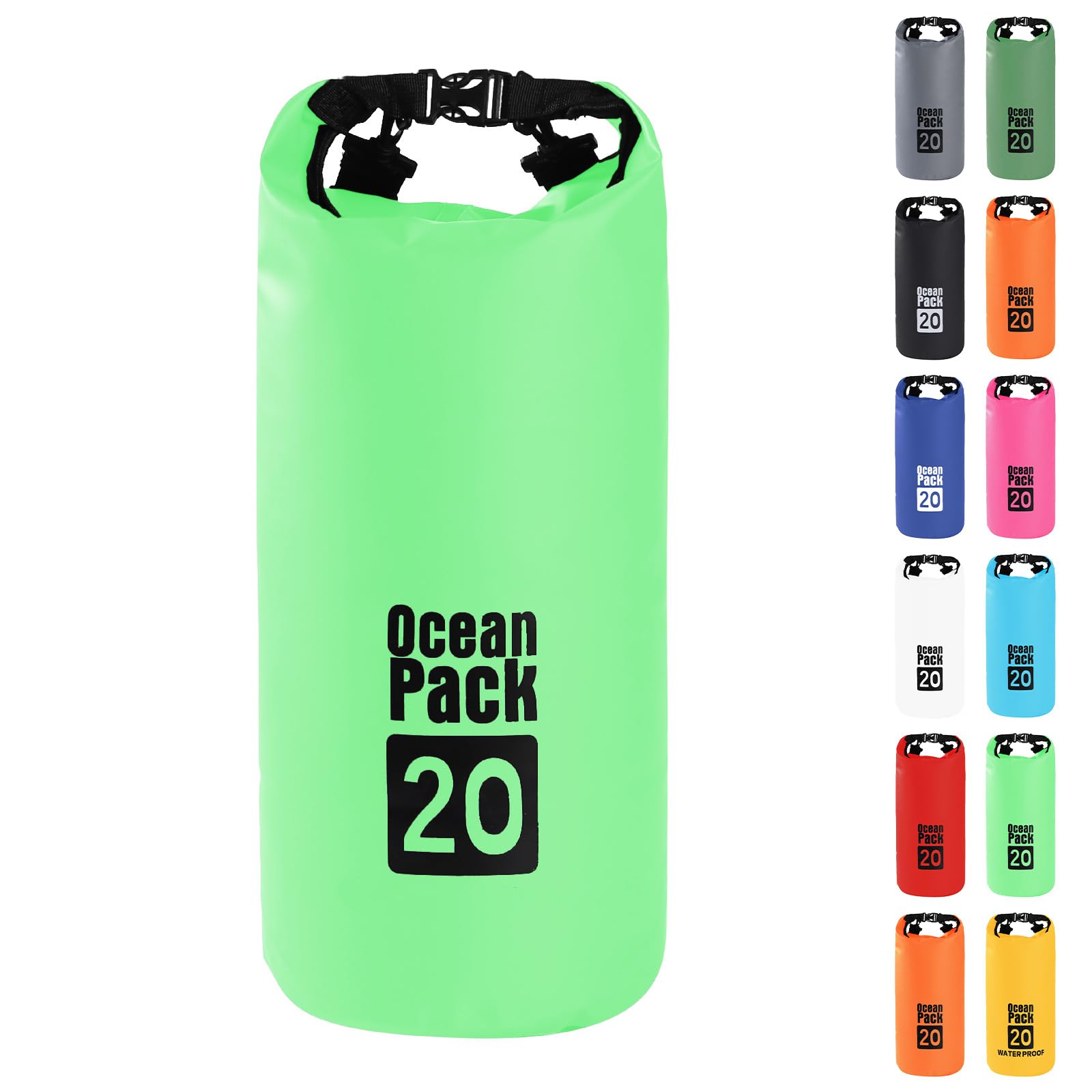 MOMAHUA 20L Waterproof Dry Bag Backpack with Double Shoulder Straps - Green Durable PVC Roll Top Dry Sack - Heavy Duty Reusable Rucksack for Kayaking, Boating, Beach & Travel