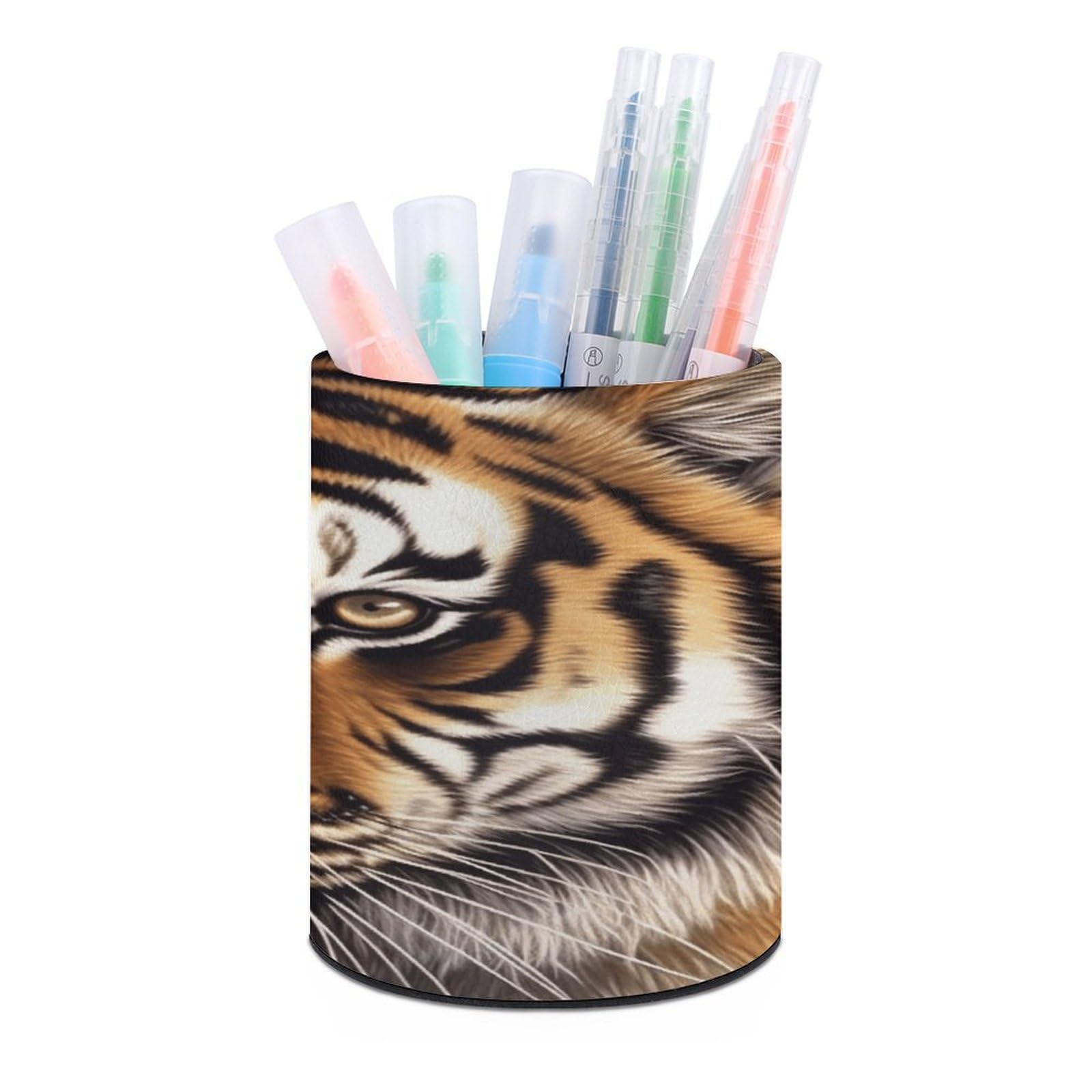 VstaDank Bengal Tiger Pen Holder PU Leather Pencil Cup Minimalist Desk Pencil Holder Round Make Up Brush Organizers For Office Dorm Room&Vanity Desk Accessories
