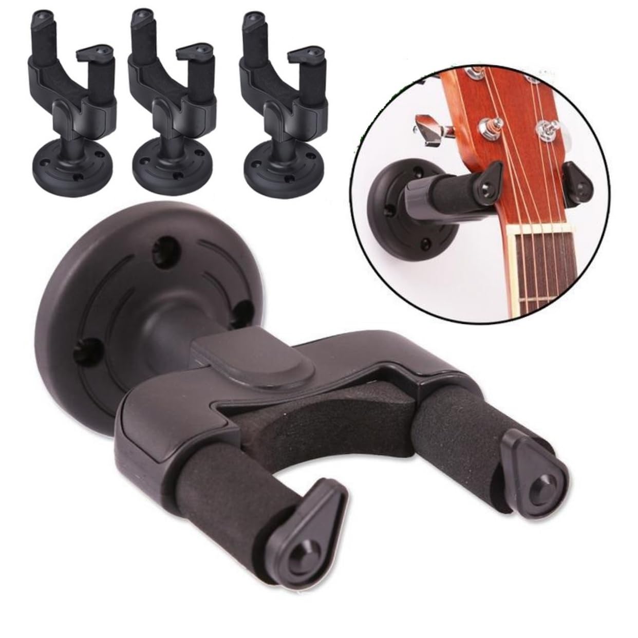 Gancio Chitarra da Muro Nero Abs 4 Pezzi con Base Auto-bloccante | Compatibile con Chitarra e Basso, Montaggio Semplice, Supporto Staccabile con Impugnatura Automatica