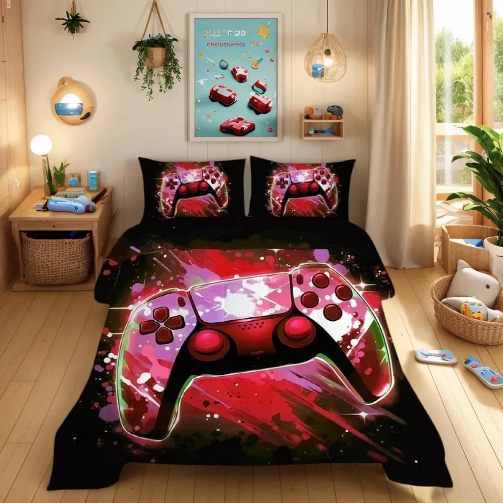 Gaming Comforter Set Twin Size for Boys Kids Teens Adult 3D Gamepad Bedroom Decor Game Bedding Set Red 5 Pieces Bed in a Bag