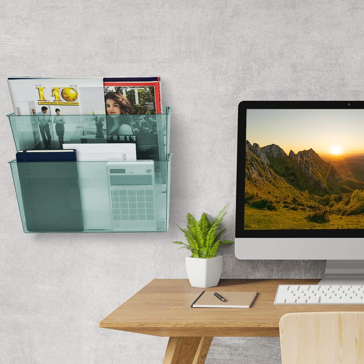 Acrimet 2 Pockets Wall Mount File Holder Organizer Letter Size, Clear Green Color (Hangers Included) : Office Products