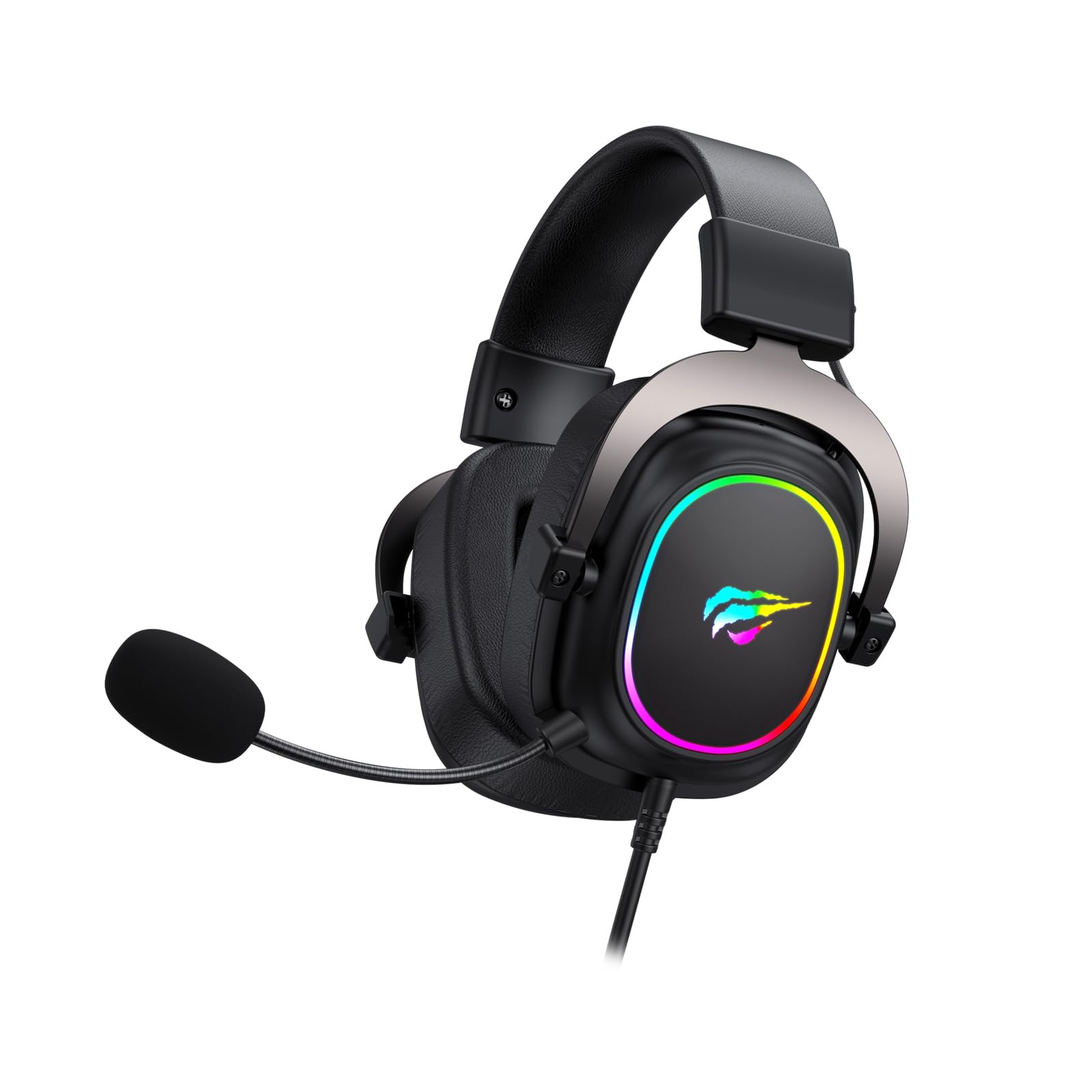 Havit H2002p RGB Gaming Headset mit Mikrofon – 50 mm Treiber – 7.1 Kopfhörer mit Kabel Surround Sound – Memory Foam Ohrpolster, Verstellbarer Kopfbügel - 2 m Spiralkabel (Schwarz, Ocker)
