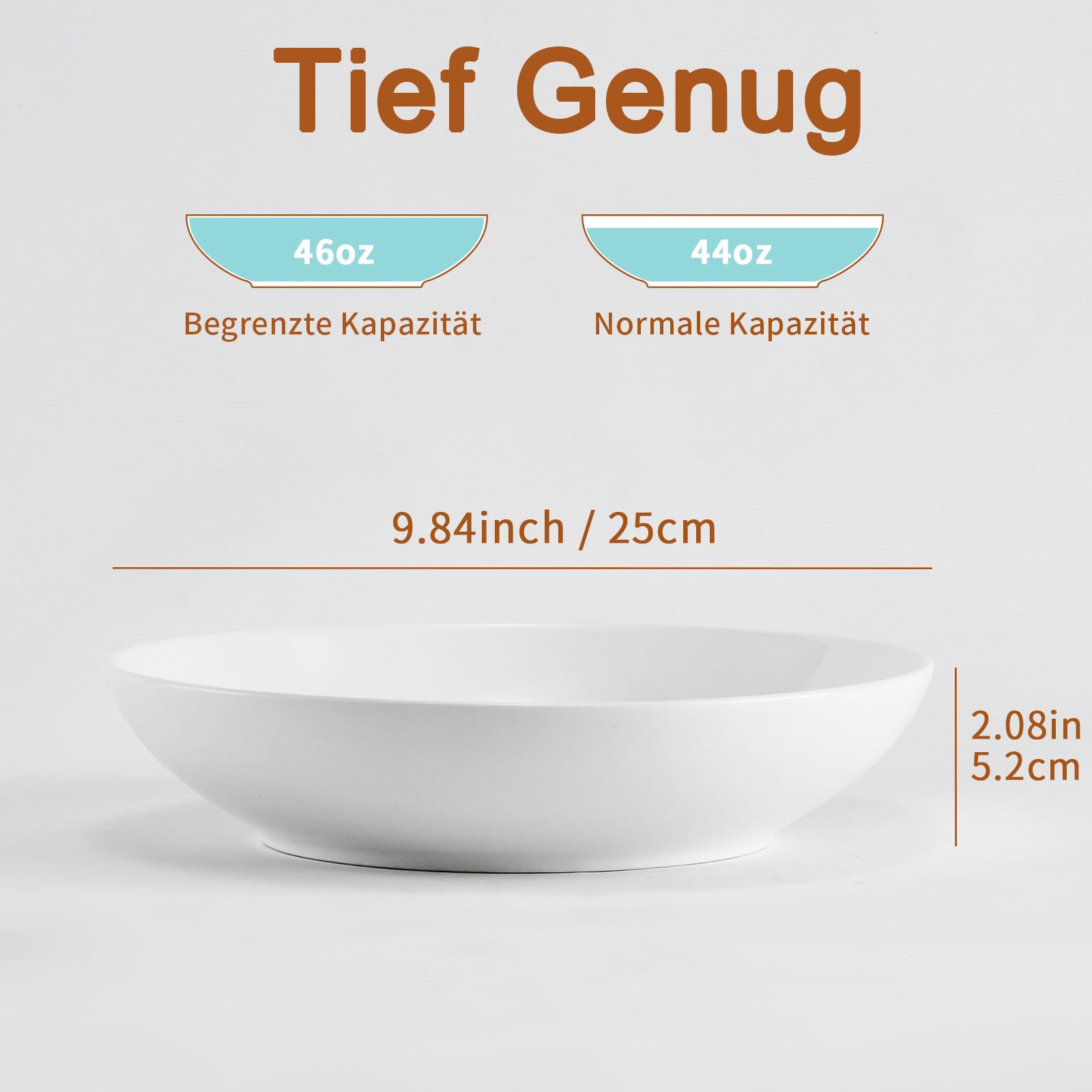 25cm Pastateller 4er Set, 1400ml große Porzellan Keramik Nudelteller, Pastaschale für Müsli Suppe Steak Nudel Breite Küche Geschirr Teller - Mikrowelle Ofen Geschirrspüler Sicher 9,84" Groß Tief Weiß