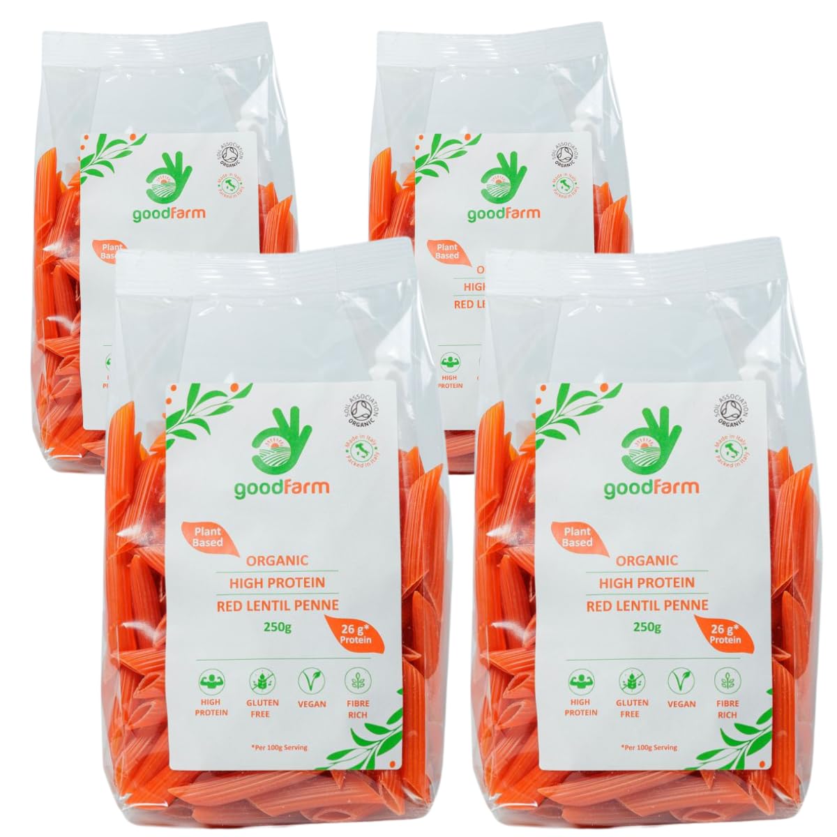 goodFarm Organic Red Lentil Penne Pasta 1 kg (250g x 4) - High Protein & Fibre, Gluten-free, Vegan, Low calorie