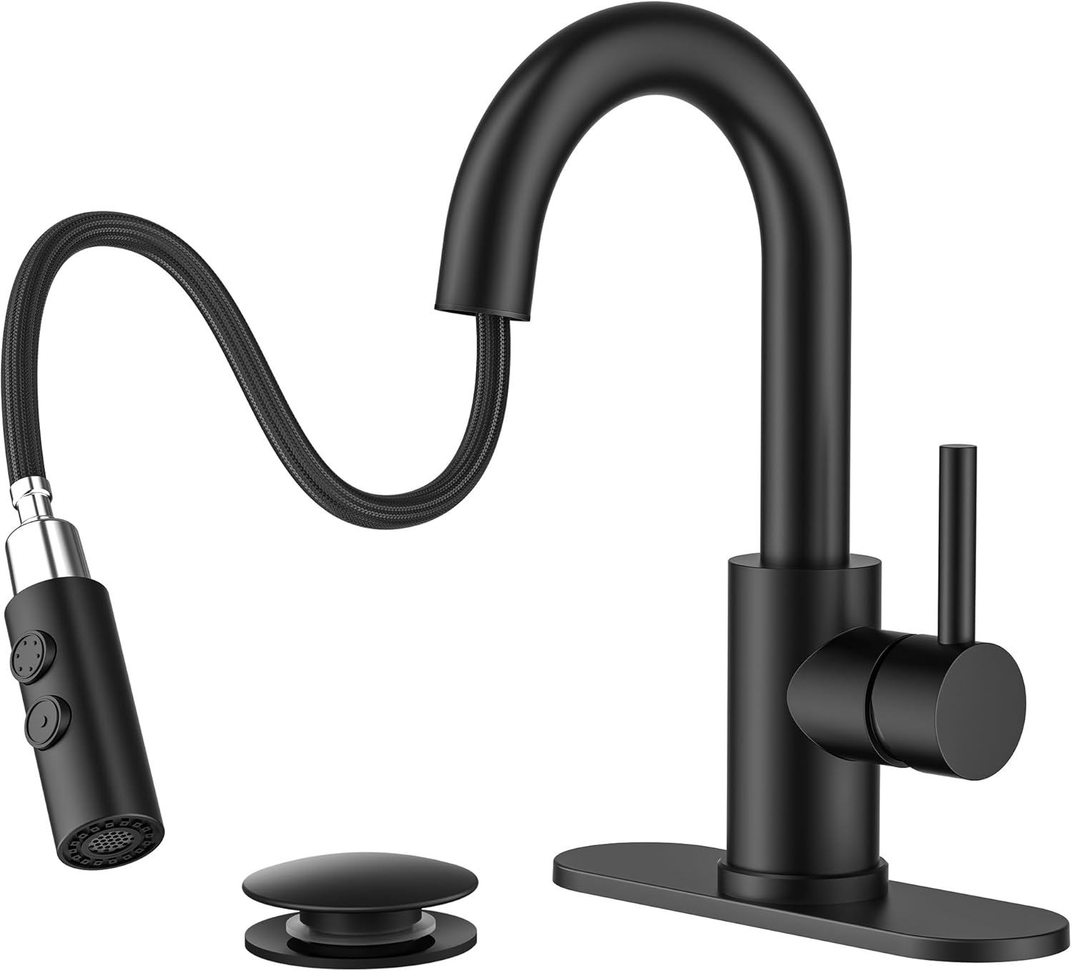 FORIOUS Matte Black Bathroom Faucet with Pull Down Sprayer, Single Hole Bar Sink Faucet 1 Hole with Pop Up Drain Hose, Suitable for Bathroom, RV,Vanity, Restroom & Utility Sink