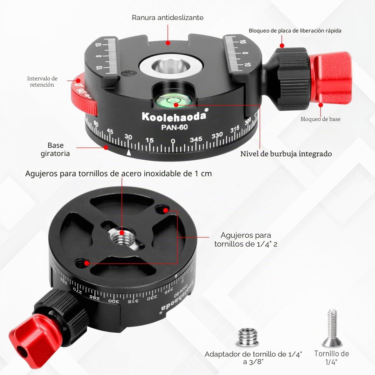 Koolehaoda Cabezal de trípode panorámico Compatible con rótula de trípode totalmente metálica de 360 ° con rotor de indexación para Placa de liberación rápida Arca Swiss