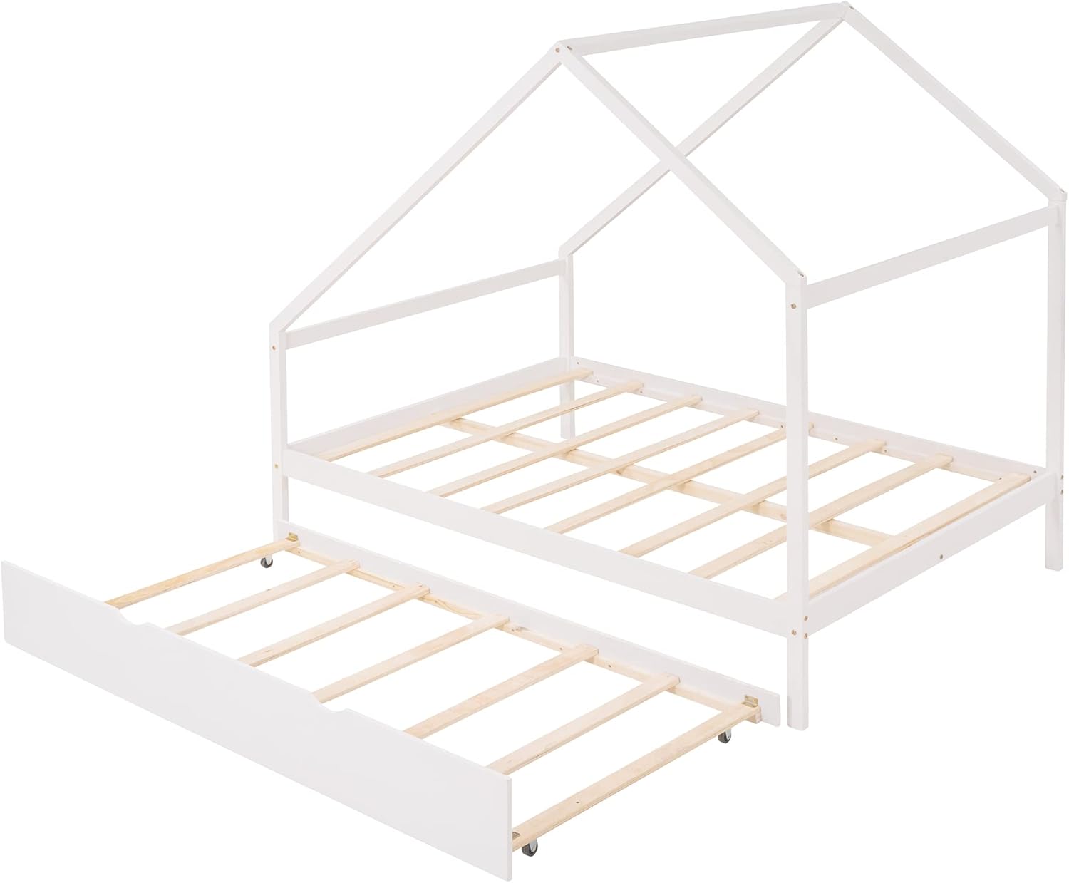 Merax Full Wooden Montessori Bed with Twin Trundle Bed, House Daybed for Boys,Girls, No Box Spring Need White