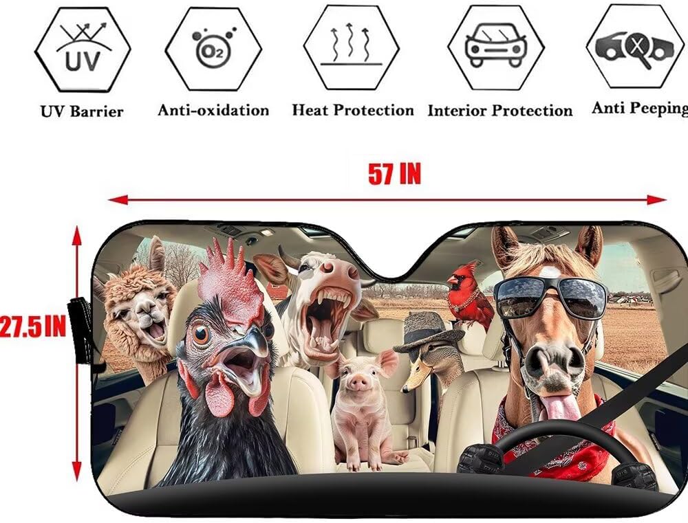 Farm Animal Party Car Windshield Sunshades for Front Window, Fun Horse Driver Anti-Sunlight Automotive Cover Sun Blocker Screen Sunshield, Funny Animal Sun Shield Visor for Car