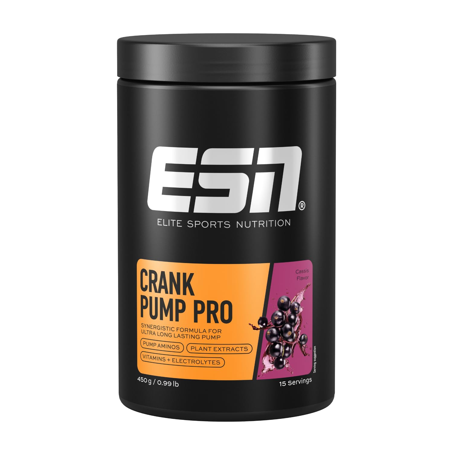 ESN Crank Pump Pro, Cassis, 450 g, Pre Workout Booster, für maximalen Muskelpump, Performance und Regeneration - made in Germany