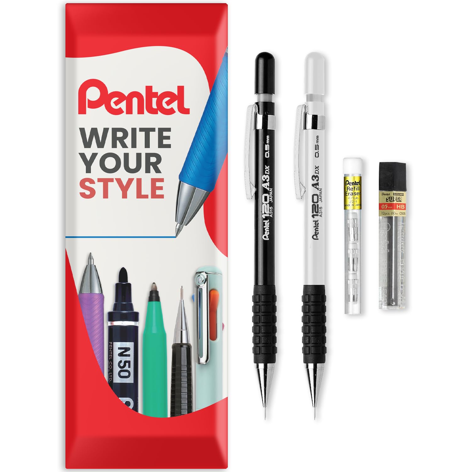 Pentel 120 Series Automatic Mechanical Pencil A315 + 12 HB Refill Leads + Tube of Eraser Refills - In Envelope Gift Packaging (Black & White, 0.5mm)