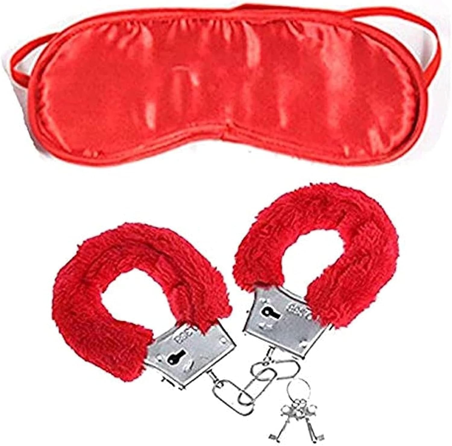 Handcuff Red Plush Handcuffs and Satin Sleep Mask Set, Soft Fuzzy Cuffs with Metal Keys (Red)-image-16
