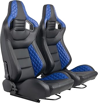 Racing Seats 2 Pcs Adjustable PU Leather Seats Reclinable Bucket Seats with 2 Sliders Universal Sport Seats for Cars Black Blue, 36.6"21.2"21.6"