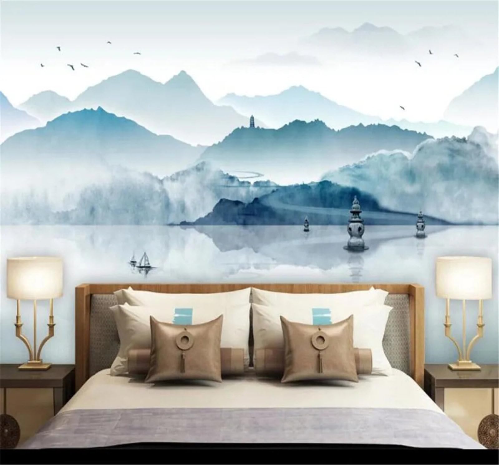 Tzxztt Blue Ink Wash Landscape Scenery Artistic Atmosphere Modern 3D Wallpaper Premium Textured Silk Neutral Tones Material Ideal for Living Room Bedroom-150cm×105cm