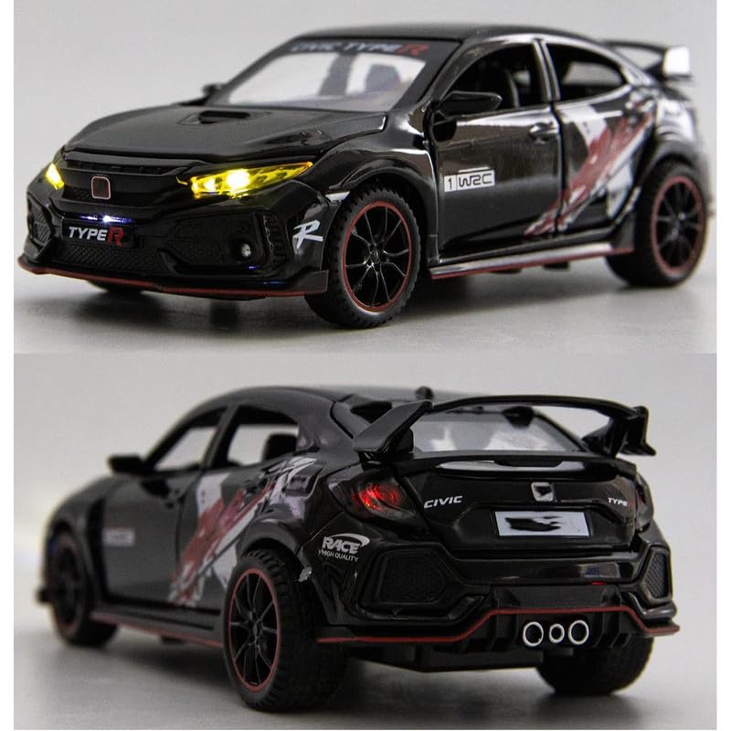 Image of Kids Model 1:32 Civic Type R Die Cast Metal Car Pull Back Action Opening Doors with Realistic Engine Sound Lights Toy Car Gift for Boys - Black
