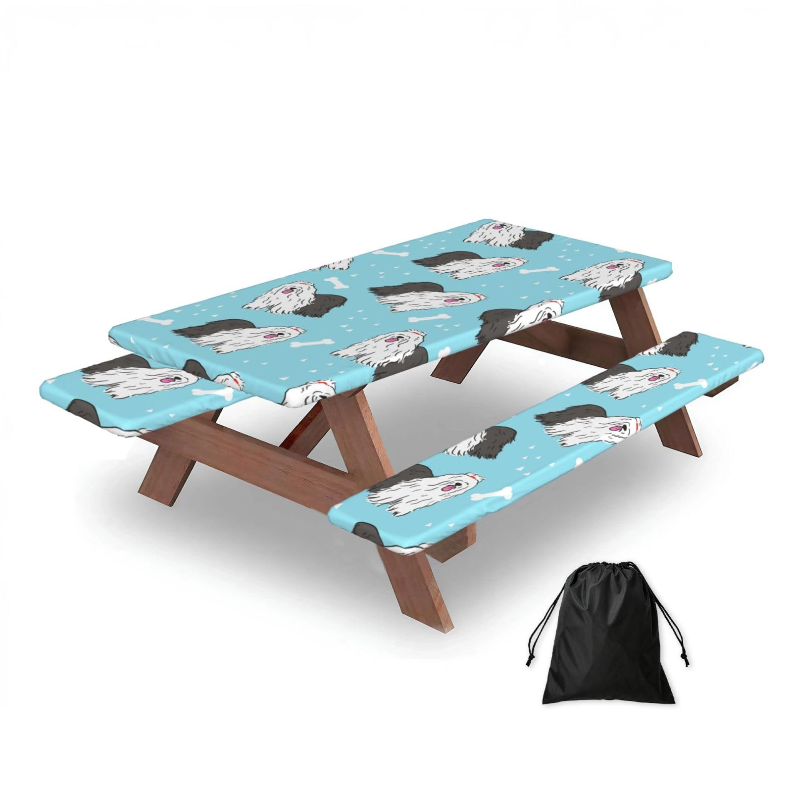 Dopklna As Picture Old English Sheepdog Pattern, Picnic Table Cover With Bench Covers -Waterproof Elastic Fitted Tablecloth For Garden Camping Patio 76X152cm