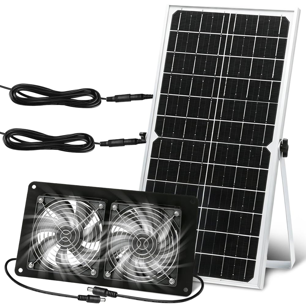 Solar Ventilator Gewächshaus, 16W Solarventilator Wasserdicht mit Unterstützung, Dual Ventilator Solar, Solar Lüfter für Kleine Hühnerställe, Schuppen, Ansaug- oder Abluft